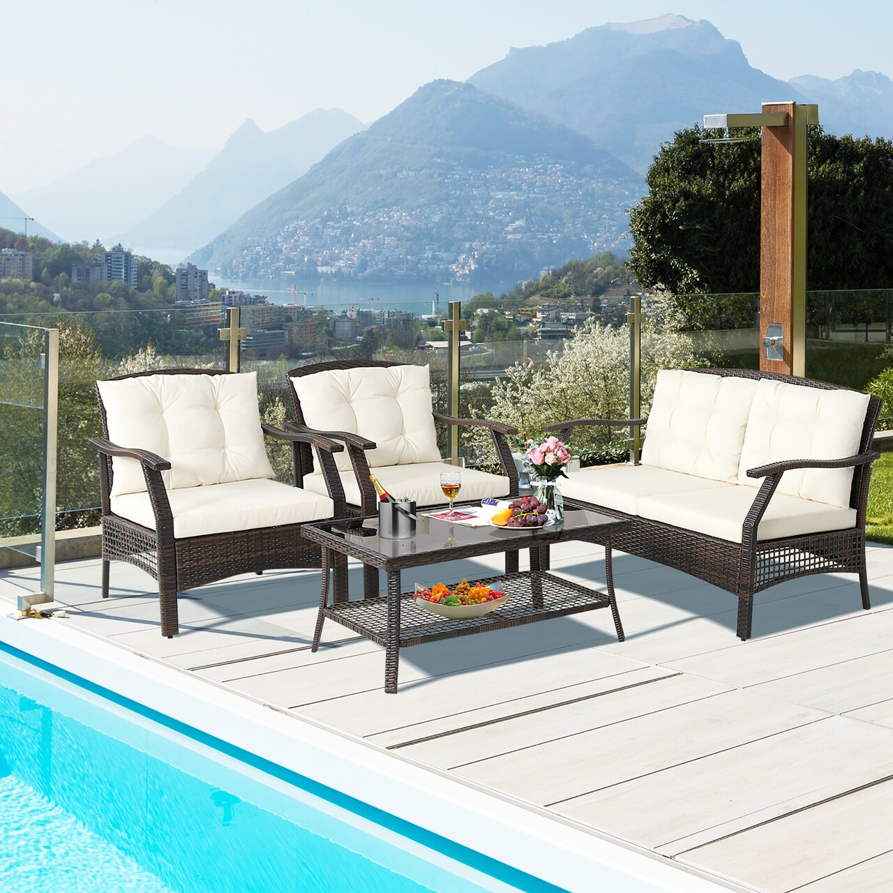 Costway 4 PCS Outdoor Rattan Conversation Set Patio Rattan Sofa Set W/ Protective Cover